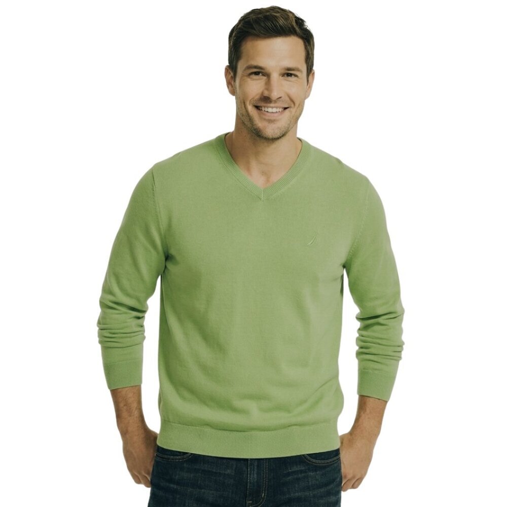 Nautica Green V-Neck Sweater Men’s Large 100% Cotton Pullover Preppy Golf